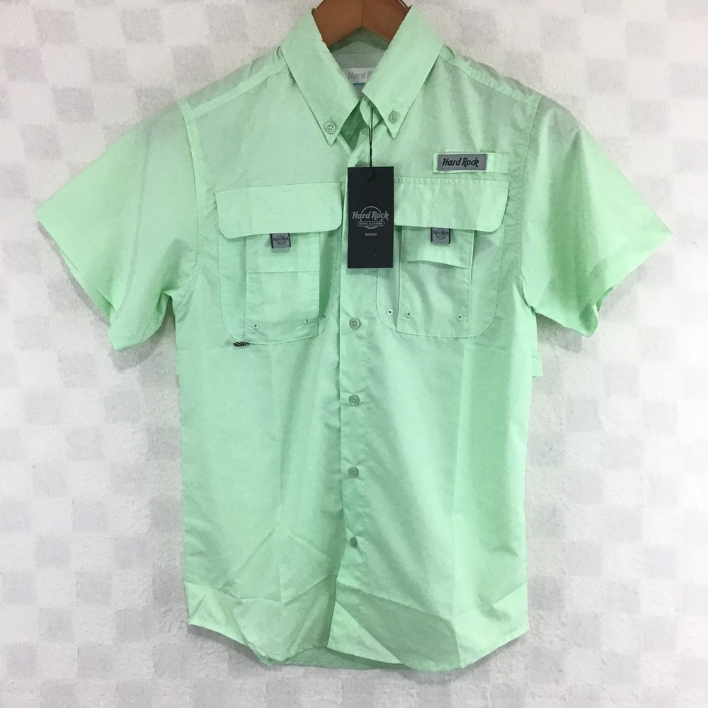 Hard Rock Hotel Biloxi Mens XS Mint Green Short Sleeve Fishing Shirt NWT